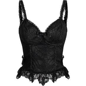 SHENHE Women's Lace Bow Front Spaghetti Strap V Neck Camisole Y2K Goth Crop Top Tank
