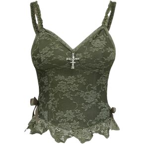 SHENHE Women's Lace Bow Front Spaghetti Strap V Neck Camisole Y2K Goth Crop Top Tank