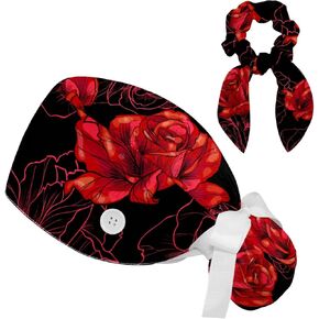 Lyetny Rose Flowers Working Cap with Bow Hair Matching Scrunchy & Sweatband Adjustable Tie Back Hat Nurse Surgical Cap