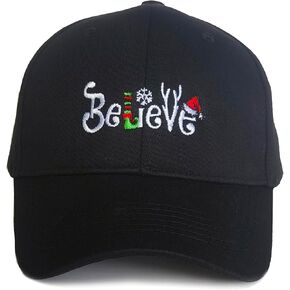 Christmas Believe Baseball Cap for Women Men, Adjustable Embroidered Classic Cotton Snapback Hat Black