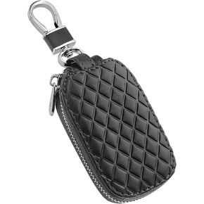 Stylish Car Key Case with Keychain and Zipper - Genuine Leather Car Key Case Holder for Remote Key Cover Replacement (Brown)