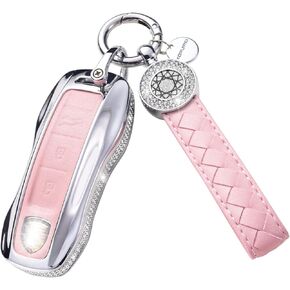 for Kia Key Fob Cover with Keychain, Pink Leather Crystal Key Case Protection Shell Compatible with Cerato Ceed Forte NIRO Sorento Seltos Sportage Soul Telluride