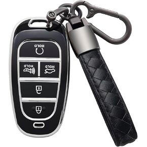 for Hyundai Key Fob Cover with Leather Keychain Soft TPU Full Protection Key Case Shell Holder Compatible with 2024 2023 2022 2021 Sonata Santa fe Tucson 5 Button, B-Gray