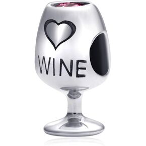 Wine Glass Cup Charms fit Pandora Valentines Day Bracelet, 925 Sterling Silver Wine Bottle Beads with Red CZ, Cocktail Goblet Charm, Birthday Gifts for Wedding/Nana/Wife/Couple