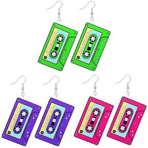 Hicarer 3 Pairs 80s 90s Neon Earrings for Women Retro Pendant Acrylic Drop Dangle for 80's Outfit Glow Party Accessories (Rose Red, Green, Purple,Tape)