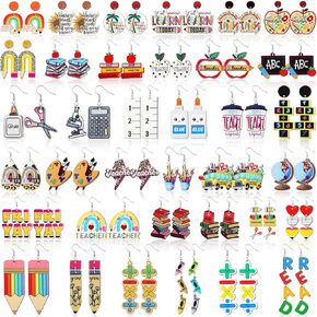 Quelay 36 Pairs Teacher Earrings for Women Fun Wooden Teacher Studs Bulk Cute Teacher’s Day Dangle Earrings Sets Colorful Pencil Apple Rainbow Back to School Jewelry for Appreciation Jewelry Gift