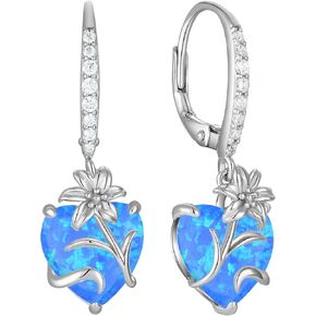 YL Heart Dangle Earrings for Women Sterling Silver Lily Leverback Earrings Created Opal Flower Jewelry