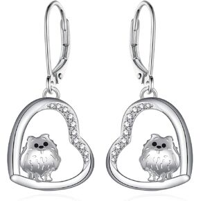 Pomeranian Earrings 925 Sterling Silver Pomeranian Dog Heart Dangle Earrings Jewelry Birthday Gifts for Women Pomeranian Lover