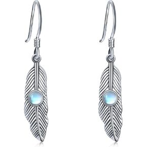 Feather Earrings 925 Sterling Silver Turquoise/Moonstone Dangle Earrings Iindian Native American Jewelry Western Gifts for Women Birthday