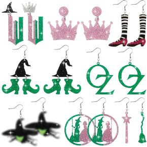Laffact Witch Musical Earrings for Women - 8 Pairs Witch Elphaba Glinda Sparkly Glitter Earring Crown Witch Hat Drop Dangle Acrylic Earring Witch Movie Merchandise Jewelry Musical Fans Gift for Women