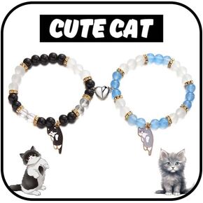 WETMT 2PCS Cat Bracelet for Couple Cat Matching Best Friend Couple Bracelets Cute Cat Beaded Charm Bracelets BFF Long Distance Bracelets for 2 Christmas Valentines Fashion Jewelry