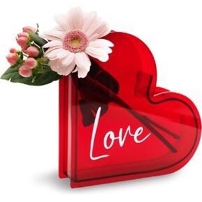 Heart Shaped Flower Vase Acrylic Red or Clear Love Word Design (RED)