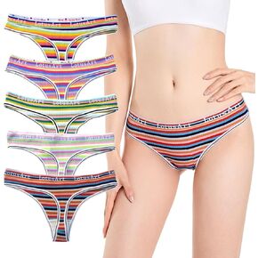 5-Pack Women's Colorful Striped Thong Underwear - Breathable Sports Bikini T-Back Panties