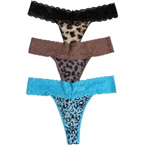 SOLY HUX Women's 3 Piece Thongs Panties Contrast Lace Leopard Print Underwear Panty Set
