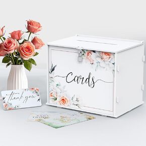 White Wedding Card Box with Lock, Elegant PVC Wedding Gift Card Box with Rose Printing, DIY Wedding Money Envelope Card Receiving Box for Graduation Bridal Shower Birthday Party Decorations