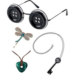 Coraline Button Glasses Key Necklace Emerald Necklace Dragonfly Hair Clip Combo Set
