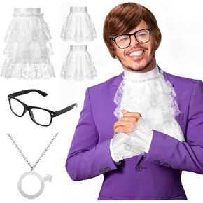 6 قطع من أزياء الهالوين السبعينات للرجال، شعر مستعار قصير بني مضحك للرجال، قلادة رمز الذكور، ياقة من الدانتيل الأبيض ونظارات لإكسسوارات ملابس حفلات الهالوين في السبعينات in Kuwait