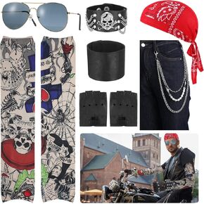 مجموعة أزياء mepase 9 قطع لعيد القديسين في الثمانينيات من الروك بانك للرجال، قبعة جمجمة الروك، نظارات شمسية لسائقي الدراجات النارية، أكمام قوطية، قفازات بدون أصابع، أساور معصم، إكسسوارات تنكرية للرجال والنساء البالغين (رائع) in Kuwait