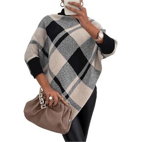 WDIRARA Women's Plaid Sweater Long Sleeve Poncho Sweater High Neck Shawl Pullover Cape