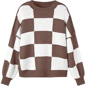 SOLY HUX Women's Checkered Sweater Oversized Chunky Sweaters for Women Trendy Knitted Pullover Cute Plaid Jumper Tops