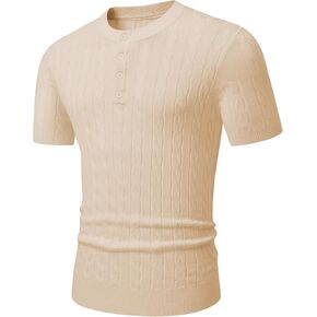 JMIERR Men's Knit Henley Shirts Casual Short Sleeve Button T-Shirt Cable Knitted Polo Shirts Golf Shirt