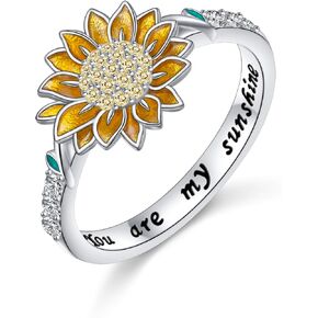 Sunflower Ring 925 Sterling Silver Cubic Zirconial You are My Sunshine Band Flower Rings for Women Mom Wife Friend Christmas Valentine's Day Mother's Day Birthday Jewelry