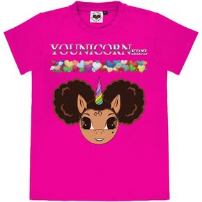 Afro Puff Unicorn Love Logo Tee in Bubblegum Pink - Light Brown w/Black Hair