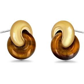 Small Twist Chunky Gold Tiger Eye Gemstone Statement Earrings for Women, Dainty Love Knot Amber Brown Bold Handmade Exaggerated Dome Retro Rounded Button Half Ball Trendy Bohemian Jewelry Gifts, Unique Baroque Circle Stone Summer Beach Fashion Earrings Ac