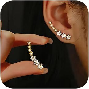 Dainty Cz Flowers Ear Climbers Stud Earrings for Women 925 Sterling Silver Small Trend Flower Cuff Crawler Earrings for Bride Wedding Valentine's Day Christmas Jewelry Gift