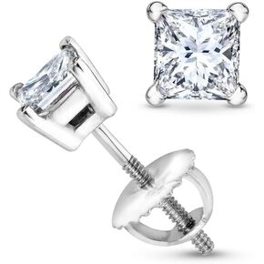 2/3 Carat Solitaire Diamond Stud Earrings Princess Cut 4 Prong Screw Back (J-K Color, I2 Clarity)