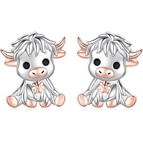 925 Sterling Silver Highland Cow Earrings Stud Hypoallergenic Jewelry Gifts for Women Cow Lover