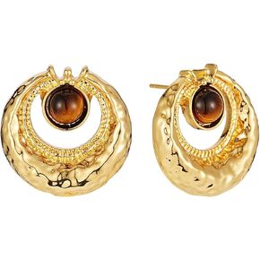 Sylph Tiger Eye Stud Earrings for Women Gold Post Earring Round Gemstone Earrings Vintage Elegant Jewelry Boho Earring for Women