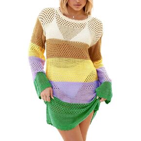 Langwyqu Womens Summer Crochet Swimsuit Coverup Long Sleeve Crewneck Color Block Bathing Suit Swimwear Cover Ups Beach Dress