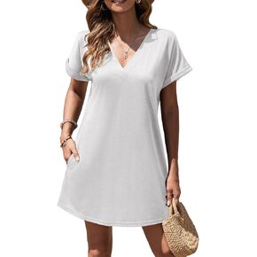 AI'MAGE Women's Beach Swimsuit Coverup V Neck Short Sleeve Cover Up Swimwear Bikini T-Shirt Dress with Pockets