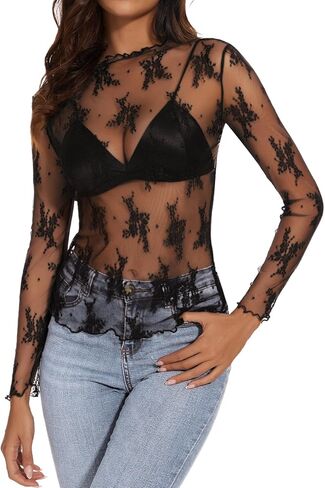 Womens Lace Mesh Long Sleeve Top Floral Sheer See Through Sexy Tops Mock Neck Shirts Party Club Night Blouses in Saudi Arabia