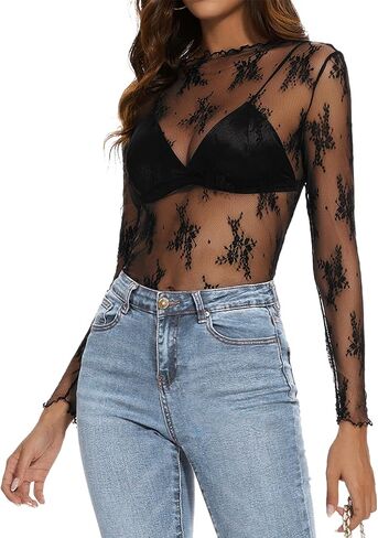 Womens Lace Mesh Long Sleeve Top Floral Sheer See Through Sexy Tops Mock Neck Shirts Party Club Night Blouses in Saudi Arabia