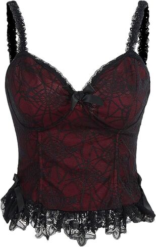 SHENHE Women's Lace Bow Front Spaghetti Strap V Neck Camisole Y2K Goth Crop Top Tank in Saudi Arabia
