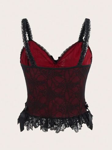 SHENHE Women's Lace Bow Front Spaghetti Strap V Neck Camisole Y2K Goth Crop Top Tank in Saudi Arabia
