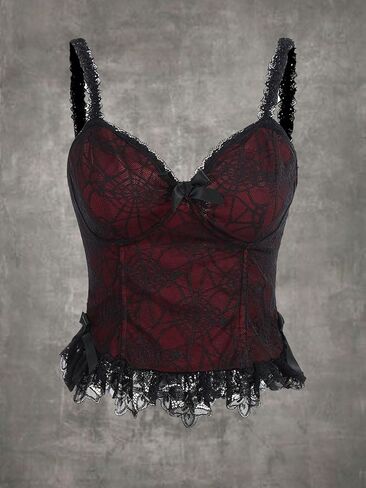 SHENHE Women's Lace Bow Front Spaghetti Strap V Neck Camisole Y2K Goth Crop Top Tank in Saudi Arabia