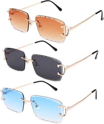 Rimless Rectangle Sunglasses for Men/Women- Frameless Square Trendy Shade - Diamond Cutting Eyewear in Saudi Arabia