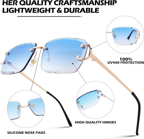 Rimless Rectangle Sunglasses for Men/Women- Frameless Square Trendy Shade - Diamond Cutting Eyewear in Saudi Arabia