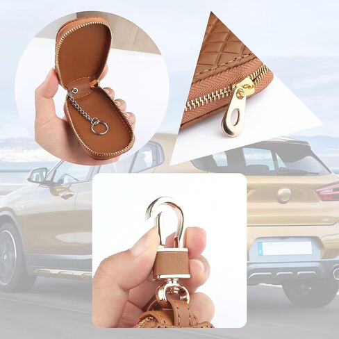 Stylish Car Key Case with Keychain and Zipper - Genuine Leather Car Key Case Holder for Remote Key Cover Replacement (Brown) in Kuwait