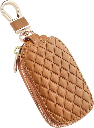 Stylish Car Key Case with Keychain and Zipper - Genuine Leather Car Key Case Holder for Remote Key Cover Replacement (Brown) in Kuwait