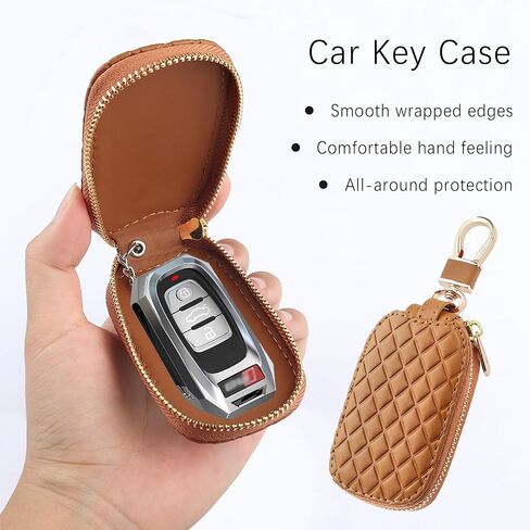 Stylish Car Key Case with Keychain and Zipper - Genuine Leather Car Key Case Holder for Remote Key Cover Replacement (Brown) in Kuwait