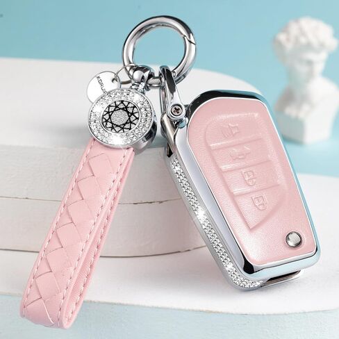 غطاء حماية مفتاح Kia Key Fob مع سلسلة مفاتيح، غطاء حماية لمفتاح كريستالي من الجلد الوردي متوافق مع Cerato Ceed Forte NIRO Sorento Seltos Sportage Soul Telluride in Kuwait