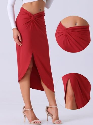 تنانير Allegra K Twist الأمامية للنساء تنورة متوسطة الطول غير متماثلة للشاطئ ذات فتحة عالية ومكشكشة in Saudi Arabia