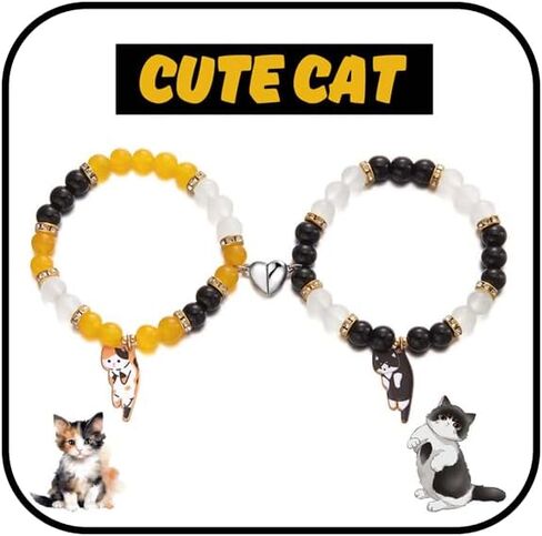 WETMT 2PCS Cat Bracelet for Couple Cat Matching Best Friend Couple Bracelets Cute Cat Beaded Charm Bracelets BFF Long Distance Bracelets for 2 Christmas Valentines Fashion Jewelry in Saudi Arabia