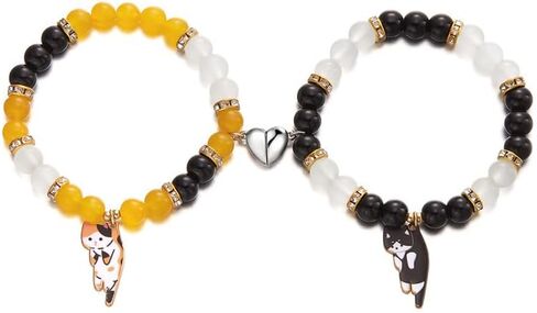 WETMT 2PCS Cat Bracelet for Couple Cat Matching Best Friend Couple Bracelets Cute Cat Beaded Charm Bracelets BFF Long Distance Bracelets for 2 Christmas Valentines Fashion Jewelry in Saudi Arabia