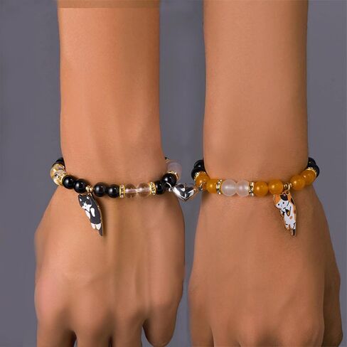WETMT 2PCS Cat Bracelet for Couple Cat Matching Best Friend Couple Bracelets Cute Cat Beaded Charm Bracelets BFF Long Distance Bracelets for 2 Christmas Valentines Fashion Jewelry in Saudi Arabia