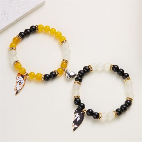 WETMT 2PCS Cat Bracelet for Couple Cat Matching Best Friend Couple Bracelets Cute Cat Beaded Charm Bracelets BFF Long Distance Bracelets for 2 Christmas Valentines Fashion Jewelry in Saudi Arabia